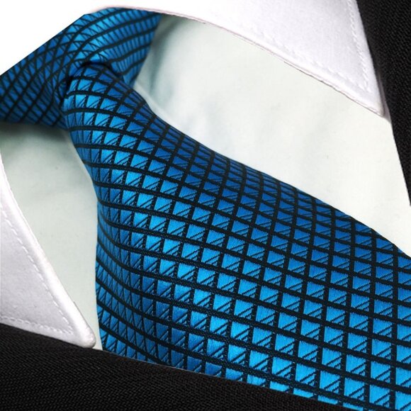 New Blue Black Diamonds Stripe Check Plaid Design 100% SILK TIE - Picture 1 of 5